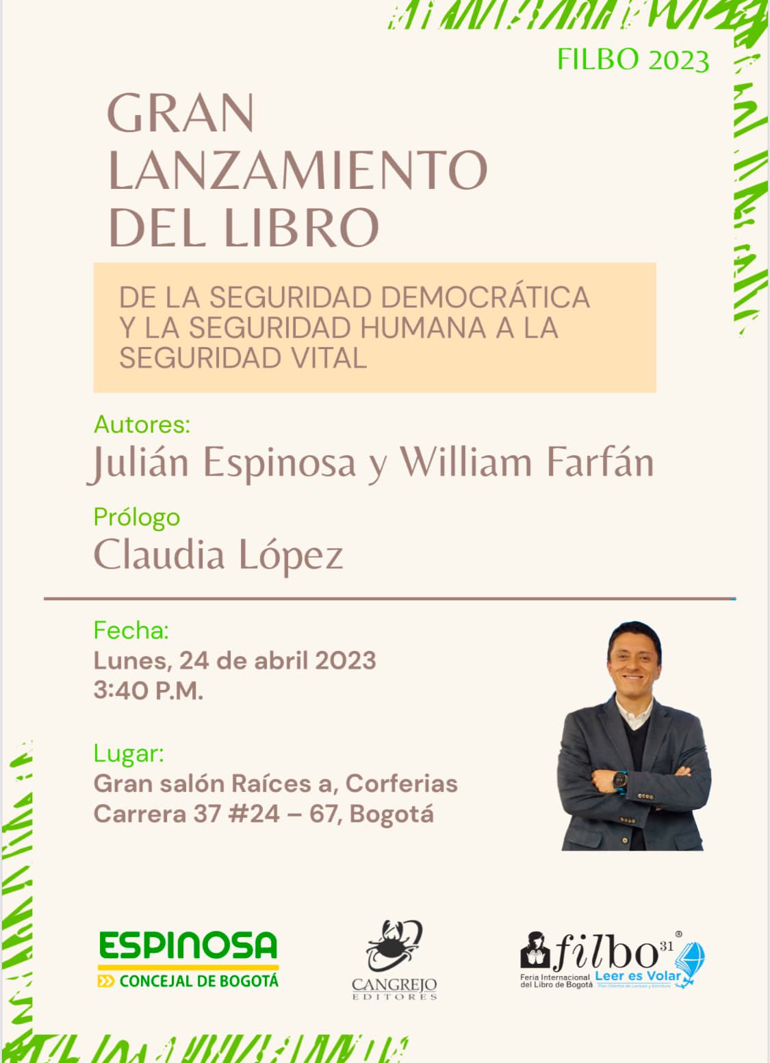 Imagen con la invitación del Concejal Julián Espinosa para la presentación de su libro 