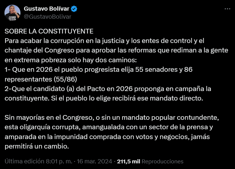 Pantallazo del tuit de Gustavo Bolivar